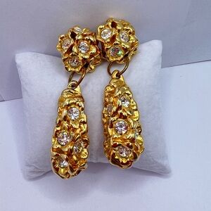 Vintage Oversized Gold Rhinestone Clip On Earrings Glam Statement